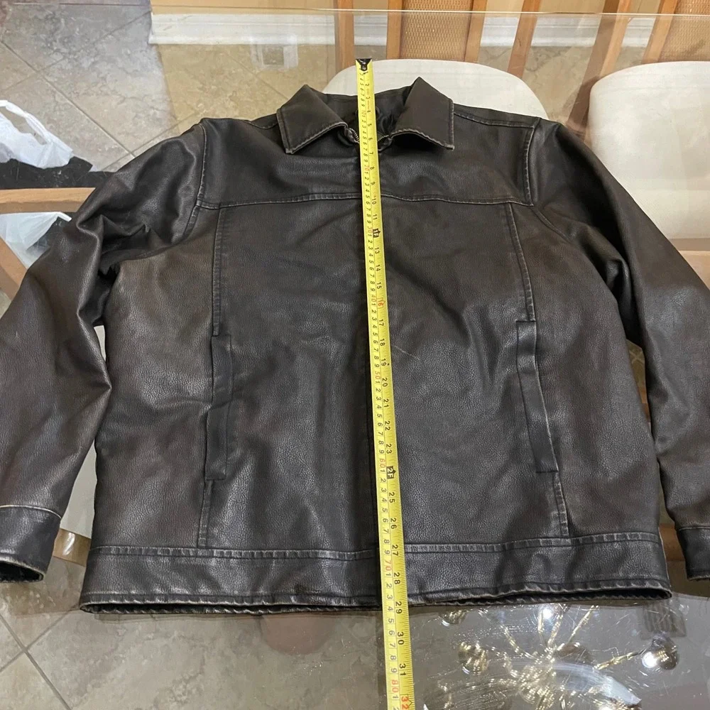 Arizona Jean Co Mens Faux Leather Distressed Moto Jacket Brown Large L/G Zip Up